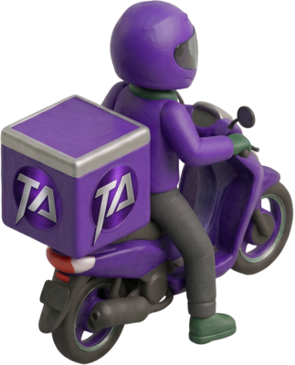 TA delivery rider parked facing the garage