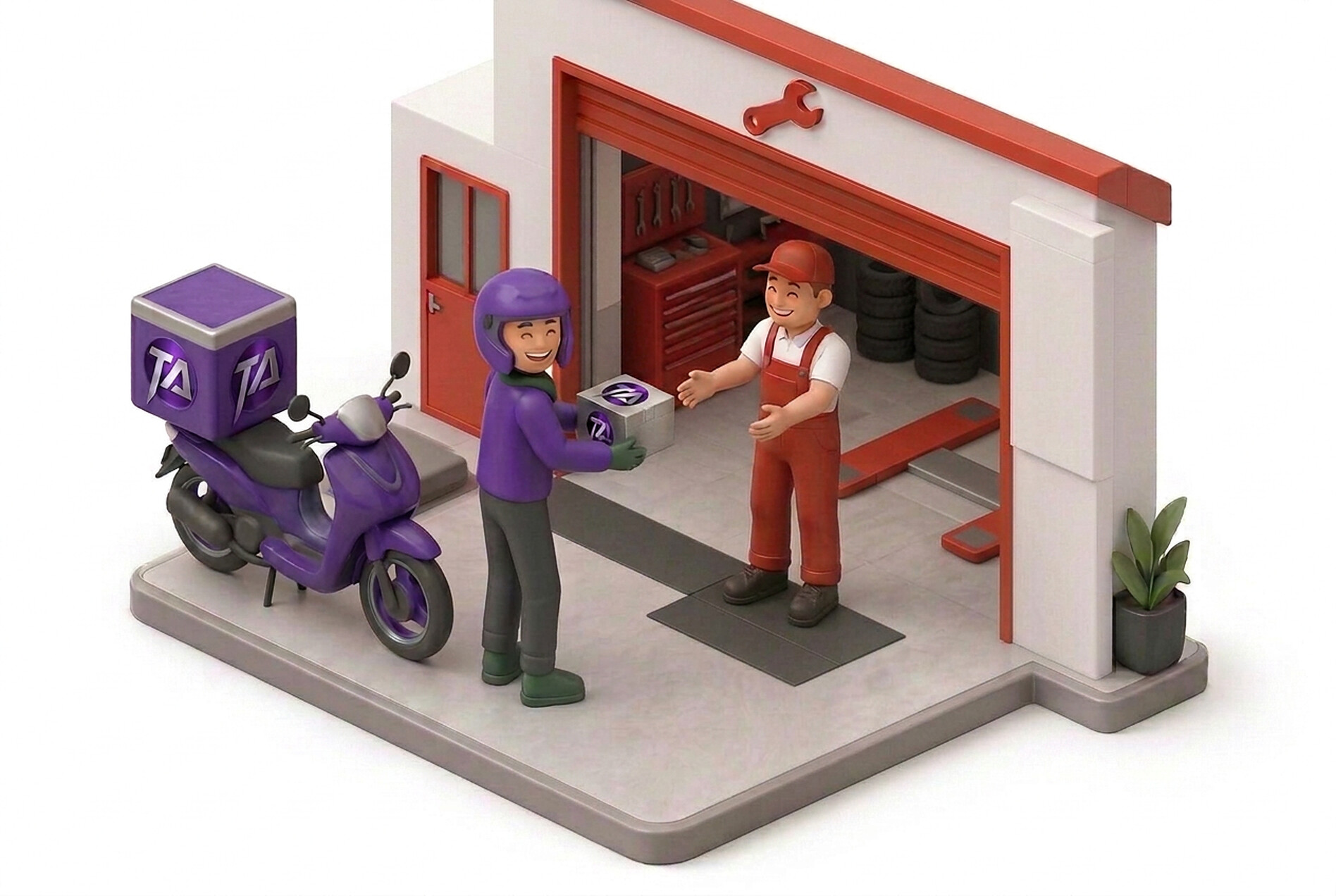 Rider handing the parts box to the mechanic
